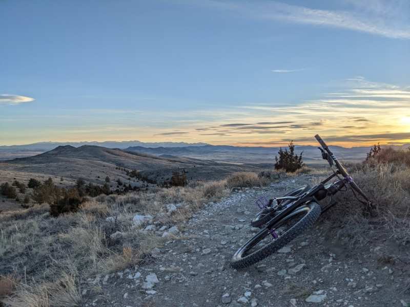 Bike leaning over on copper city trail system in bozeman montana