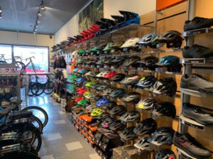 wall of helmets at owenhouse cycling