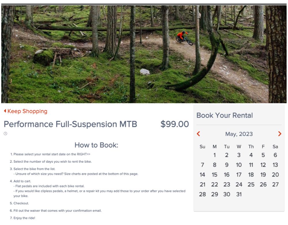 view of rental page for performance mountain bike options from owenhouse cycling
