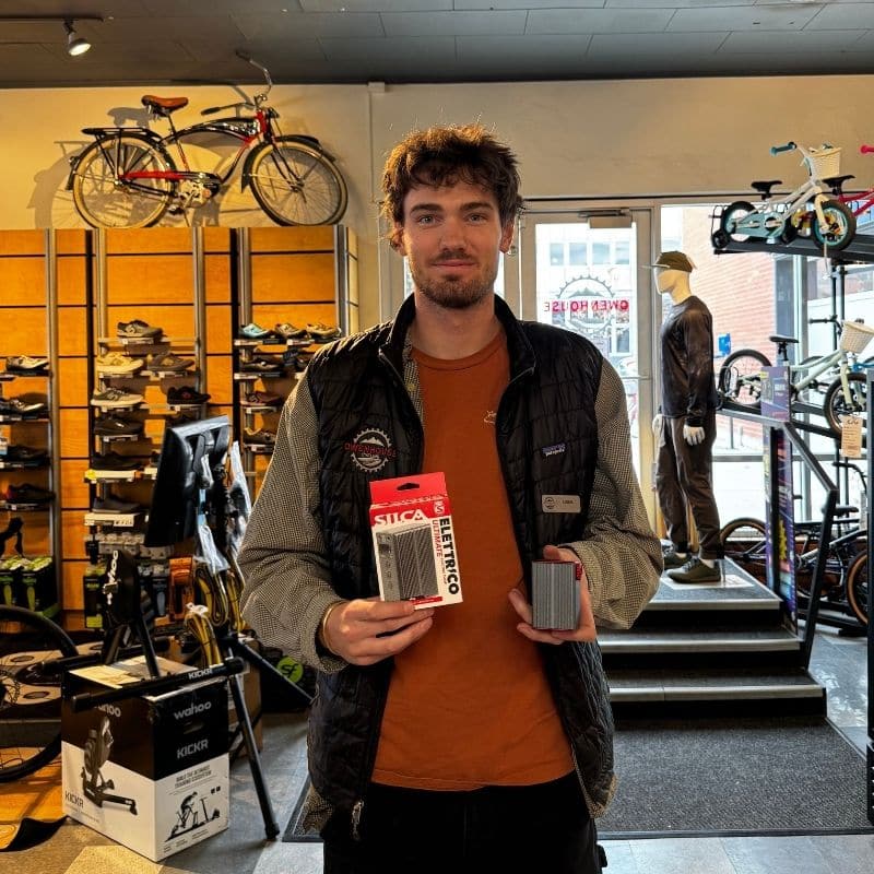 Luuk holding a Silca electric inflator