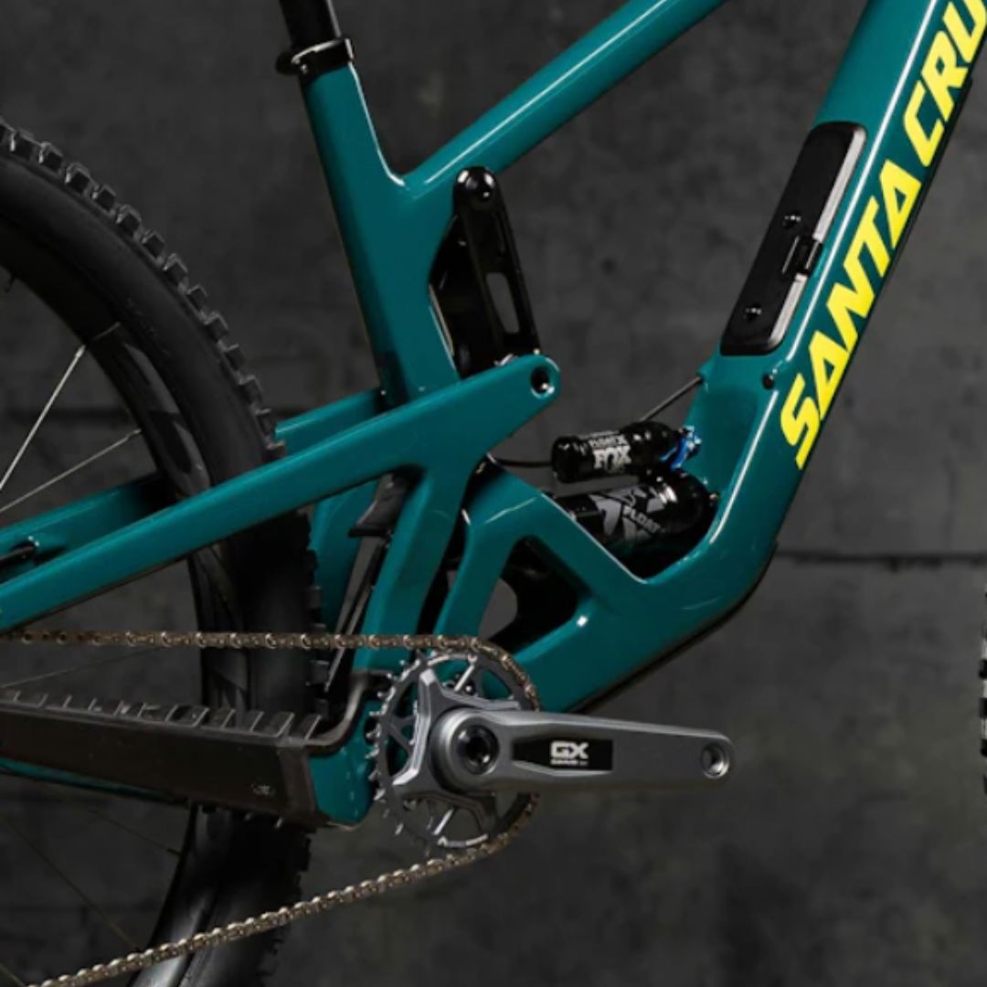 hightower santacruz bike - teal color bike with yellow branded writing/logo "santa cruz"