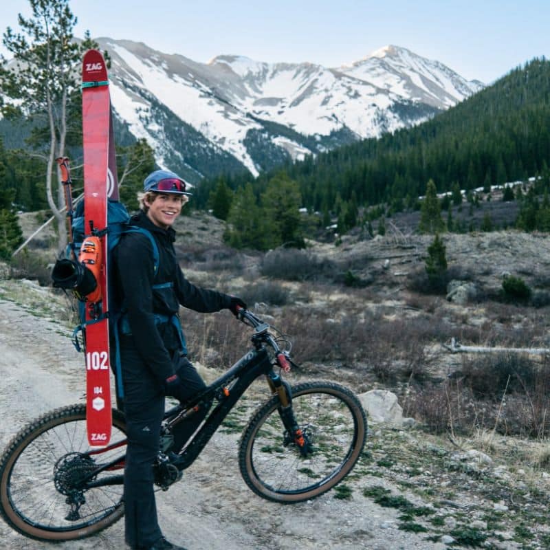 owenhouse cycling team member wheeler feer mountain biking in montana with skis