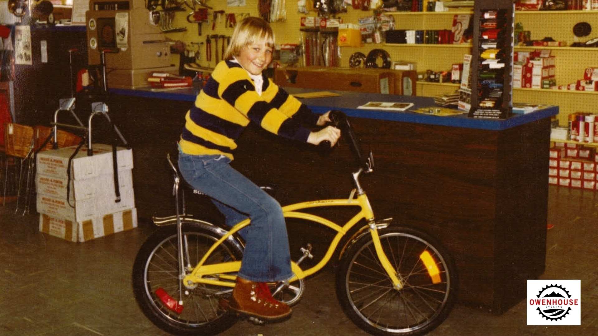 kid in the '70s on a yellow Schwinn bike