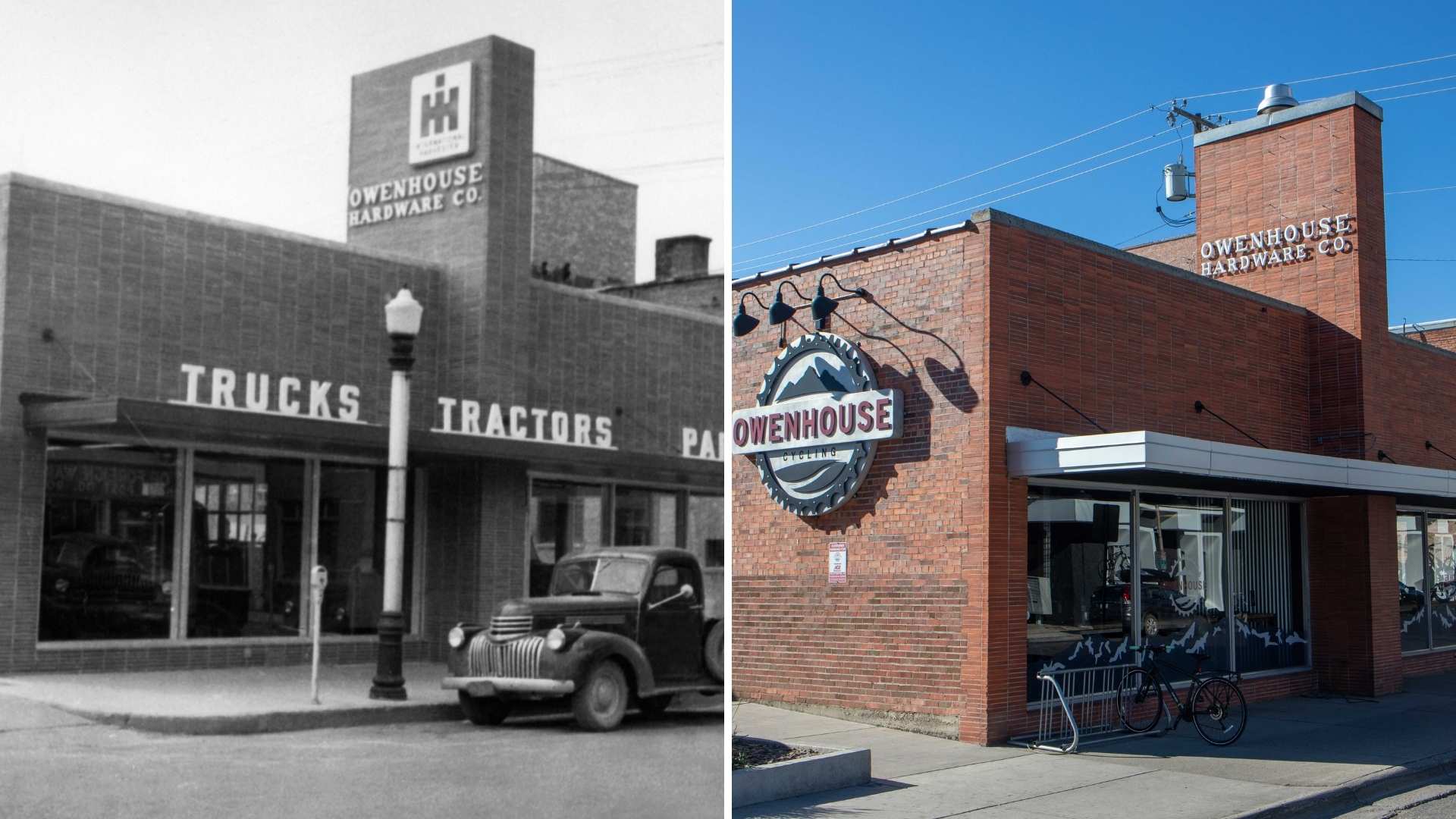 side-by-side images of the Owenhouse Cycling building back in the early 1900's and today