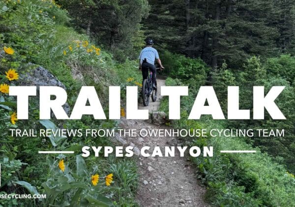 trail talk sypes canyon mountain biker on sypes trail green plants yellow flowers in foreground